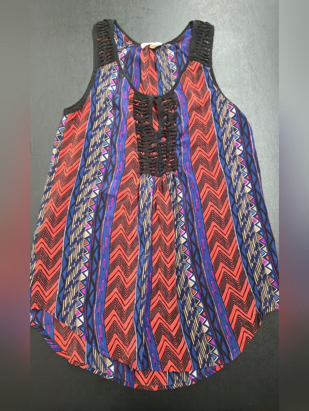 Meadow Rue Red and Blue Chevron Print Tank with Black Crochet Trim